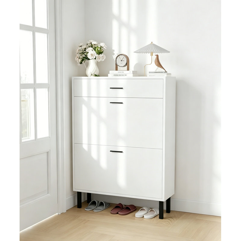 3-Tier Shoe Storage Cabinet w/ 2 Flip Drawers, Freestanding Entryway Organizer w/Adjustable Shelves, Hidden Shoe Rack, White