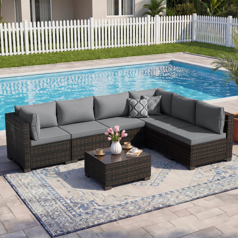 7-Piece Patio Conversation Sets, Outdoor Rattan Wicker Sectional Sofa with Tea Table & Cushions, Gray