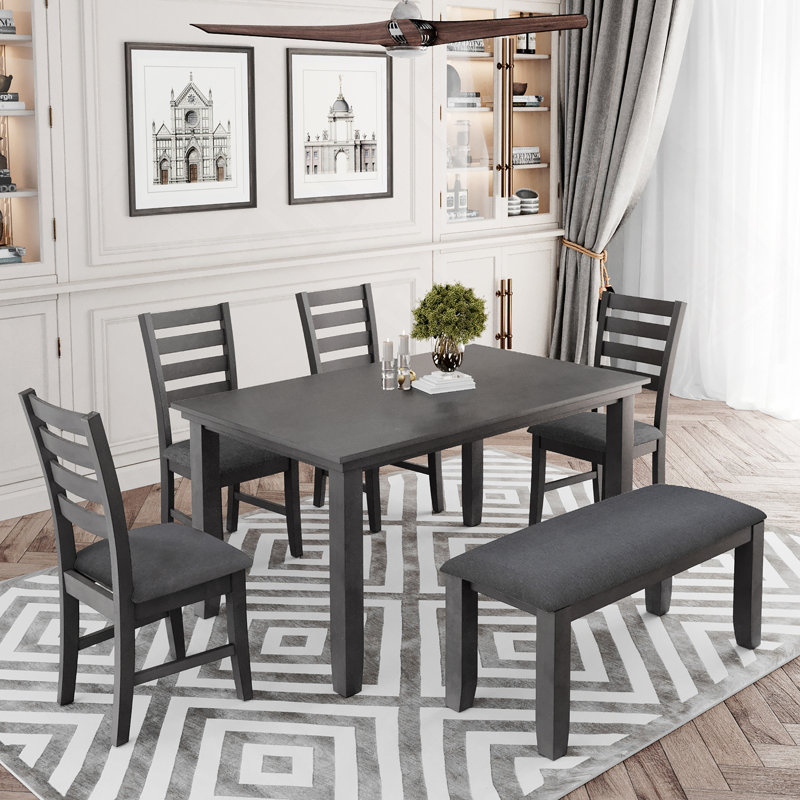 Table de salle à manger Angeline et chaises avec banc, ensemble de salle à manger en bois rustique, ensemble de table de salle à manger 6 pièces
