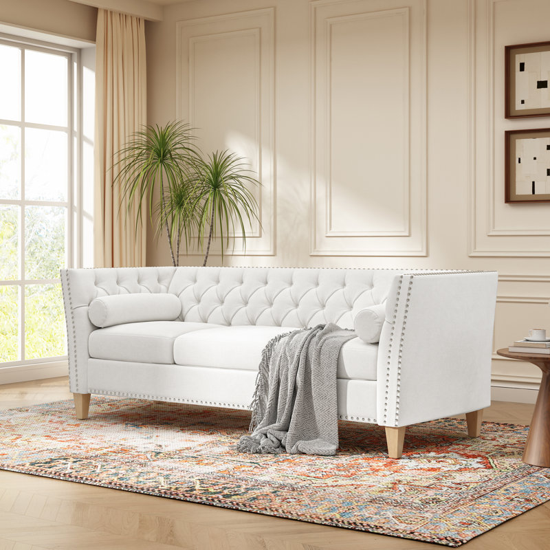 Reisterstown 79.5" Tufted Chesterfield Sofa with Flared Arms, Nailhead Trim & Wood Legs, 3-Seat Upholstered Couch with Bolster Pillows