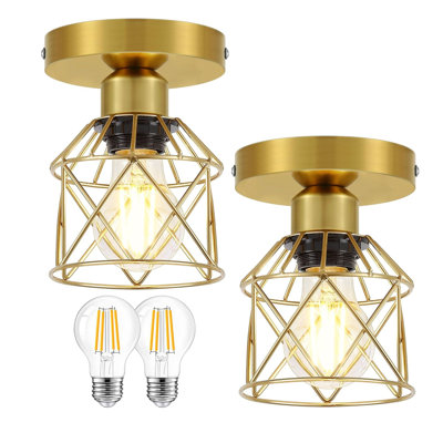 2 Pack Brushed Gold Industrial Metal Cage Flush Mount Ceiling Light with Edison Bulbs Included, Vintage Farmhouse E26 Semi Flush Light Fixture for Entryway Hallway Closet Kitchen Bedroom