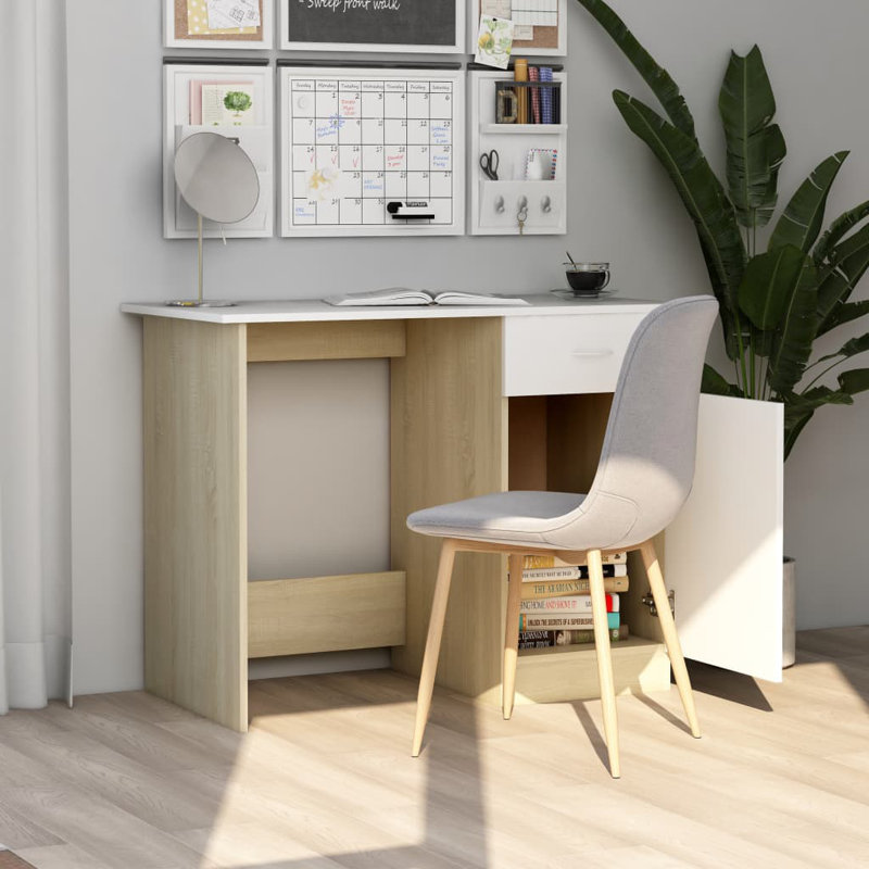 Desk Standing Computer Desk Office Desk with Drawer Engineered Wood, White/Sonoma Oak