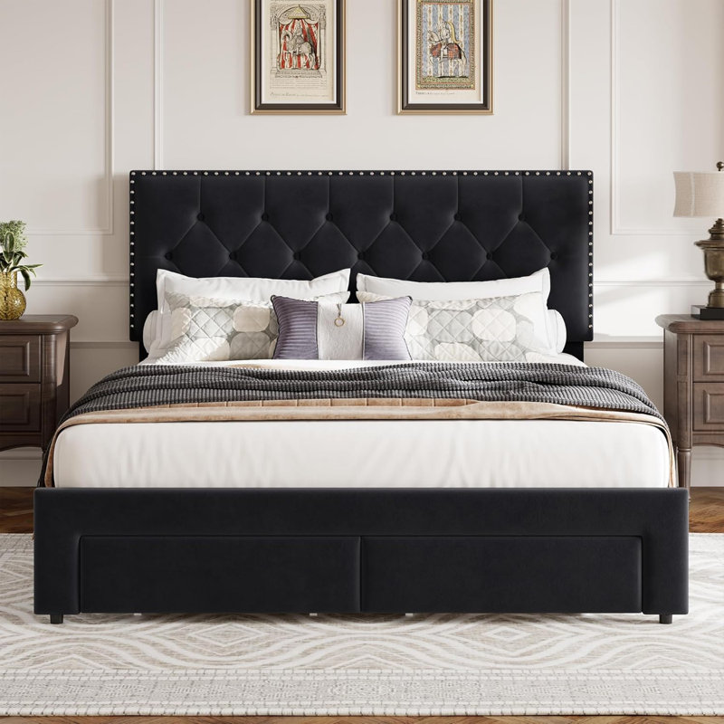 Bed Frame with 47" Tall Headboard, Velvet Upholstered Platform Bed w/2 Storage Drawers with Smooth Casters, Full/Black