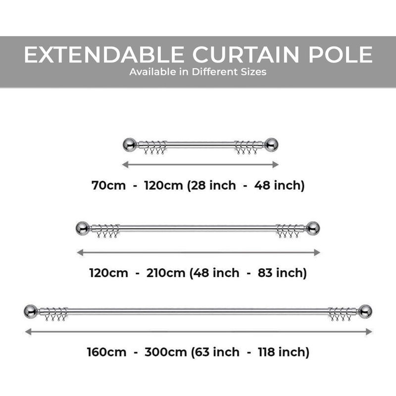Aspire Homeware Adjustable Plain Metal Ball Curtain Rod With Hardware Accessories, 160cm – 300cm, Chrome