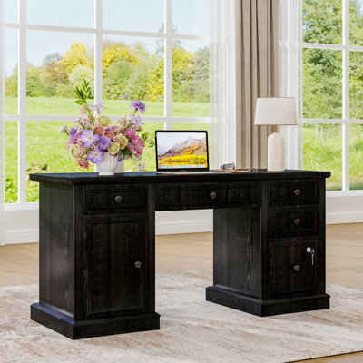 Bureau d'ordinateur 59 po Farmhouse - Prises de courant, classeur verrouillable et 4 tiroirs