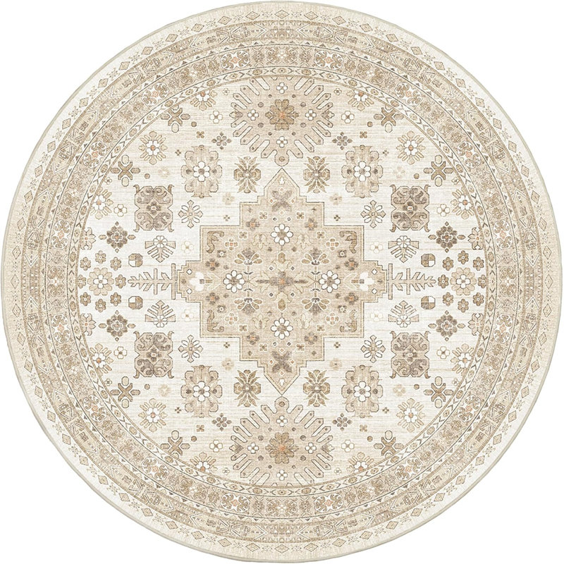 Medallion Non Slip Washable Rug(Cream), Round 6'