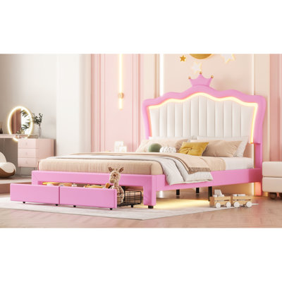 Lit rembourré moderne avec rangement et lumières à DEL, rose et blanc, tête de lit double pleine grandeur, rose et blanc