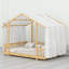 Lit plateforme avec cadre en forme de maison, baldaquin transparent et guirlandes lumineuses pour une chambre d'enfant ludique-178495969-178495983