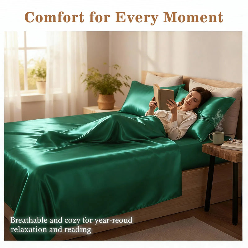 Ensemble de draps en satin 4 pièces - doux 85 g et soyeux - couleur unie lavable à la machine, Vert