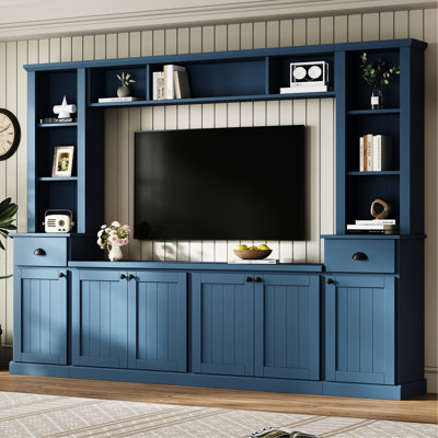 Grand meuble télé bleu avec pont pour téléviseurs de 75 po, hauteur réglable contemporaine et rangement, unité murale de divertissement dans le salon