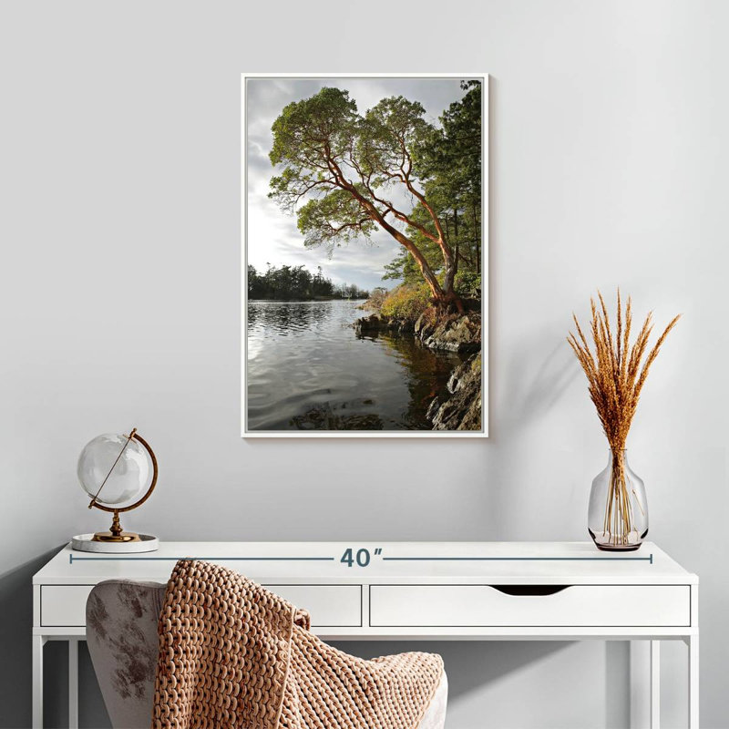 Arbousier au bord de l'eau, 17" x 25", Cadre flottant blanc