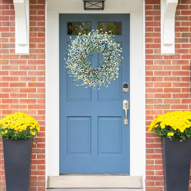 Couronne de marguerite bleue pour la porte d'entrée - Couronne florale artificielle printemps été en soie avec eucalyptus et lavande