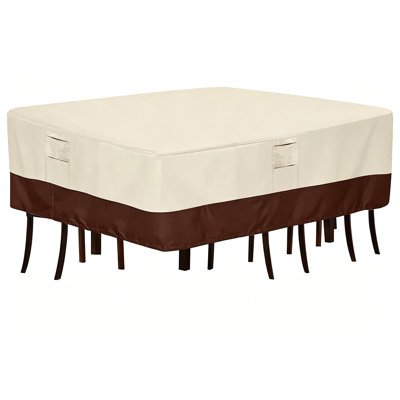 Beige & Brown Color Block Table Cover, All Weather Outdoor Patio Table Protector with Black Trim Edges, Fabric Carry Handles, Side Breathable Vents, Corner Buckles, Adjustable Drawstring and Zipper Storage Bag