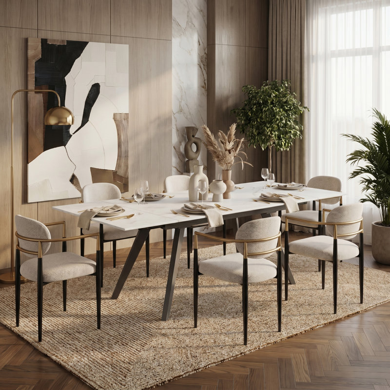 Ensemble de table de salle à manger extensible en pierre frittée avec fauteuils rembourrés Moiser, 6-8 mois