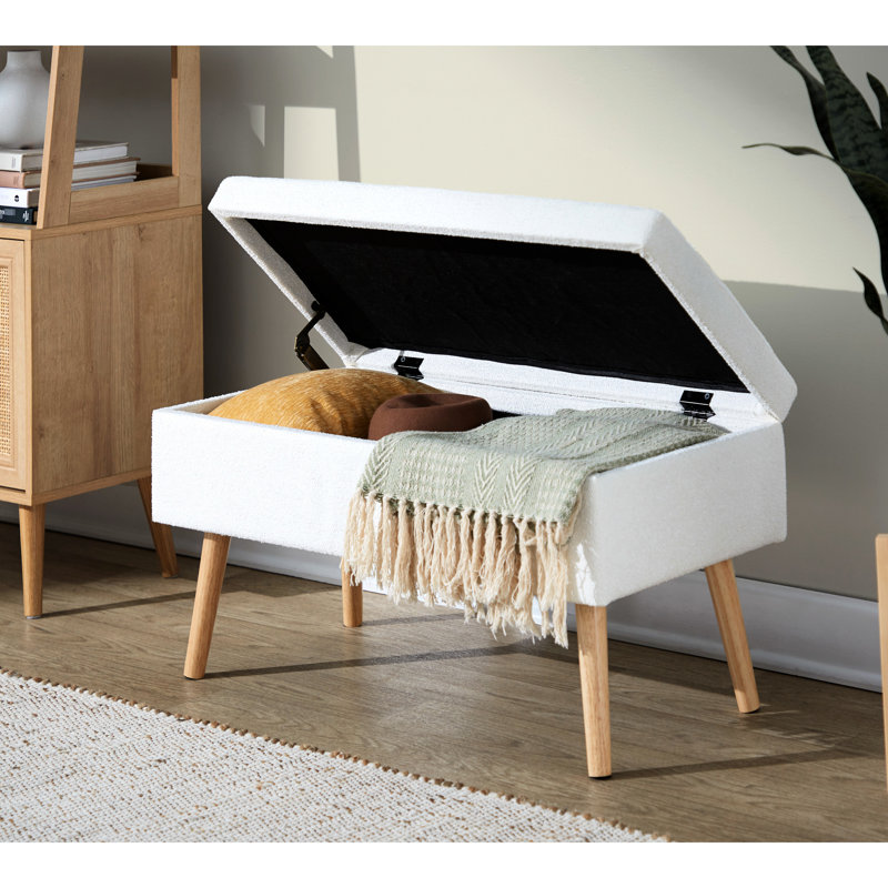 Banc rembourré de couleur crème en bois naturel, design contemporain, couvercle rabattable, pieds en bois massif, longueur intérieure de 30 po, hauteur du produit 16,34 po, utilisation intérieure seulement, limite de poids de 500 lb, assemblage requis