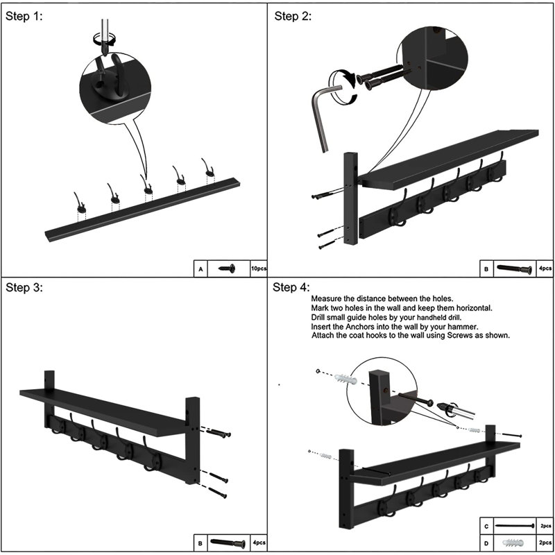 Black Wall-Mounted Coat Rack with Shelf and Hooks
