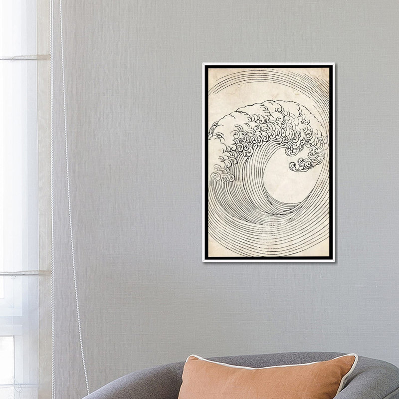 Croquis de vague zen rétro_1PC6, Cadre flottant blanc, H 26 po x l 18 po