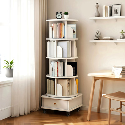 Bibliothèque rotative à 5 niveaux, bibliothèque rotative à 360 ° avec roulettes et tiroir, petite bibliothèque rotative compacte