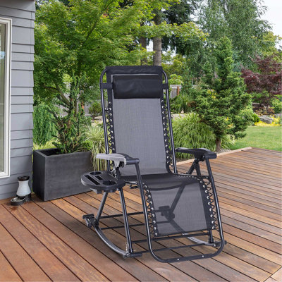 Chaises berçantes d'extérieur, chaise berçante inclinable et inclinable pliable avec coussin, porte-gobelet et téléphone, conception combinée avec pieds pliants, noir