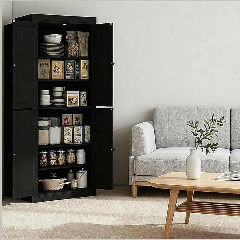 Armoire de cuisine, armoire de cuisine autoportante, armoire de rangement avec portes et tablettes, Noir