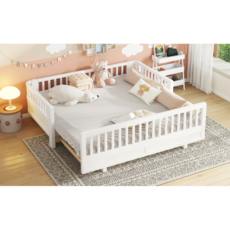 Twin Size Platform Bed With Guardrails, Solid Wood Twin Bed Frame, Can Be Converted Into A Double Twin Platform Bed, White