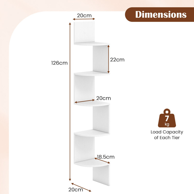 126cm H x 20cm W Corner Bookcase, White