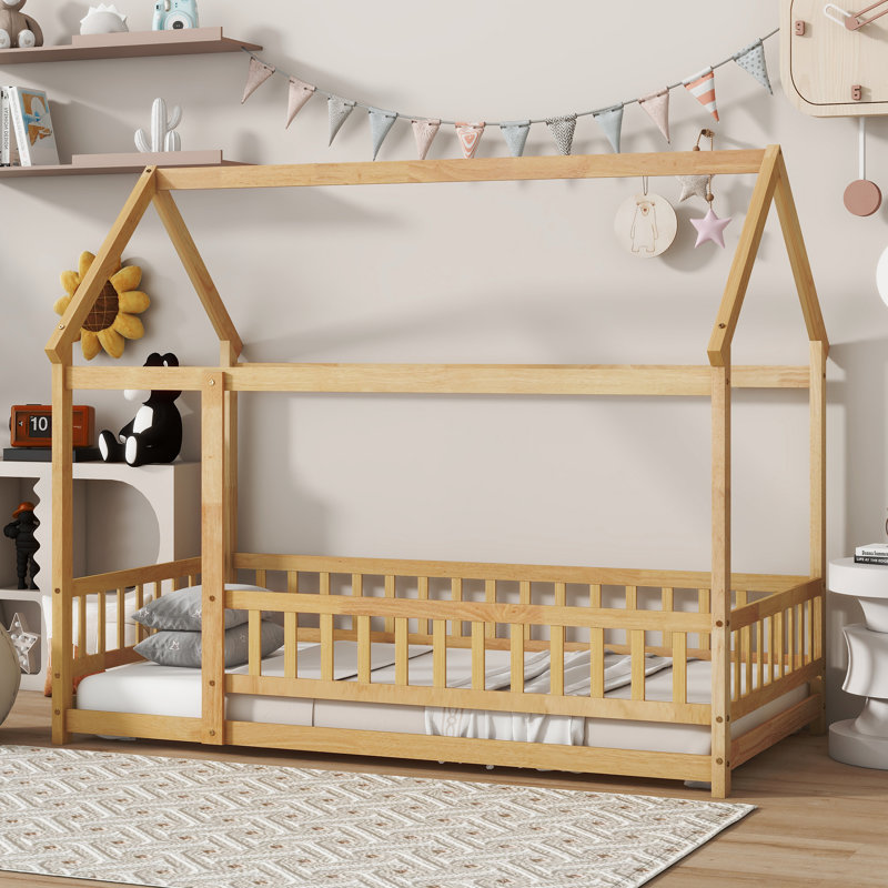 Twin House Floor Bed With Roof Frame & Heighten Safety Rails, Natural
