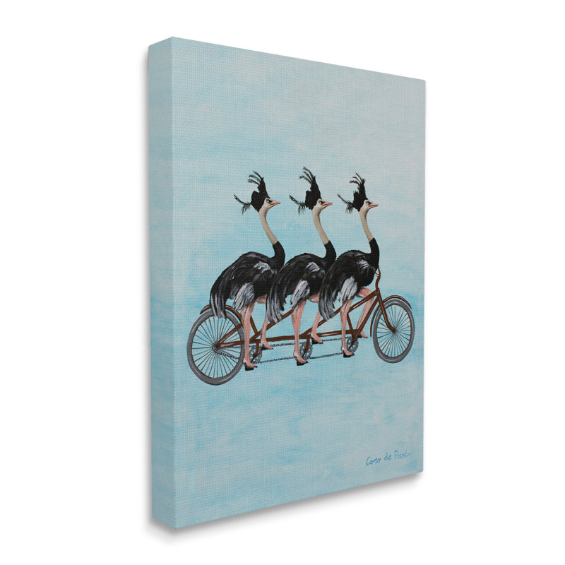Autruches chevauchant une bicyclette tandem «rigolo» par Coco de Paris - Peinture, H 48 po x l 36 po x P 1,5 po, Toile tendue