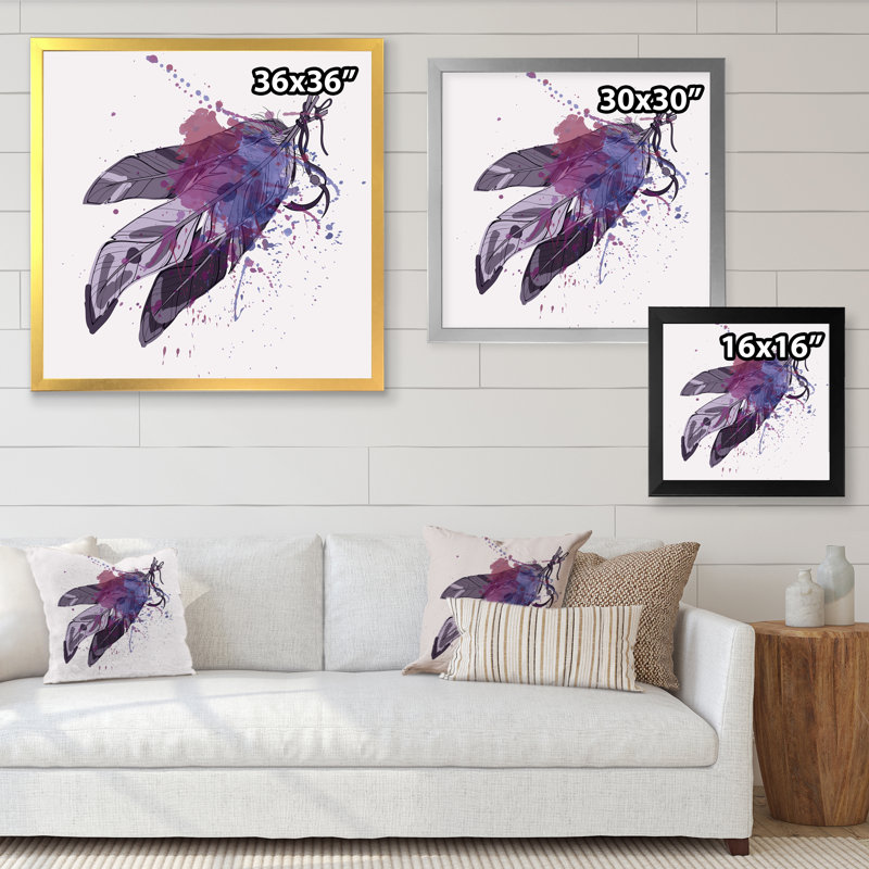 Plumes décoratives mauves et noires - reproduction d'art sur toile bohémienne et éclectique, H 16 po x l 16 po x P 1 po
