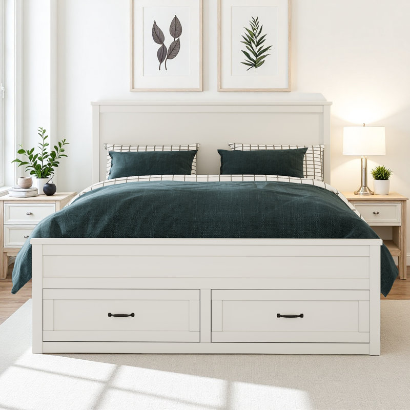 6 Drawers Storage Bed Frame with Wooden Slats Support, White