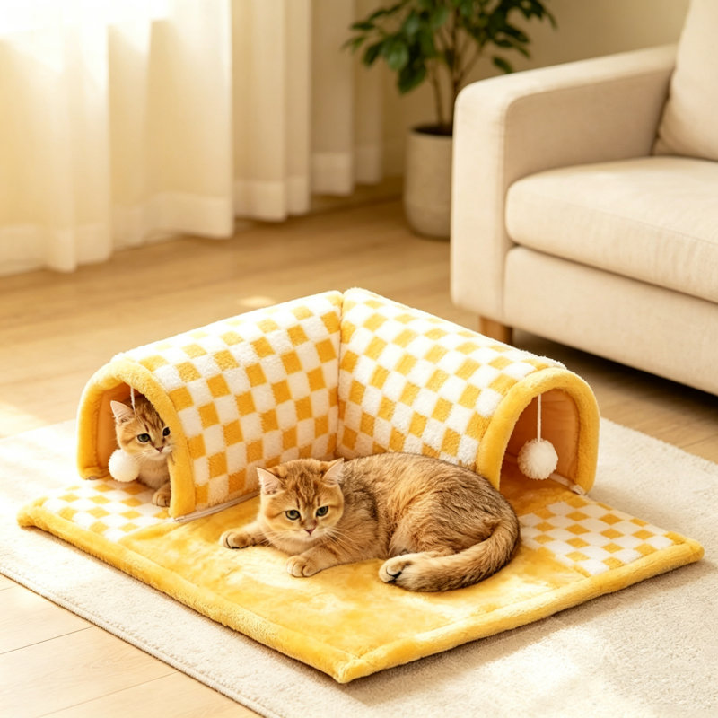 Grand tunnel de jeu pliable en peluche douce en forme de L pour chat, 72 x 64 cm, motif à carreaux, avec balle suspendue, cachette 2 en 1 pour jouer et se reposer, idéale pour les chats d'intérieur.
