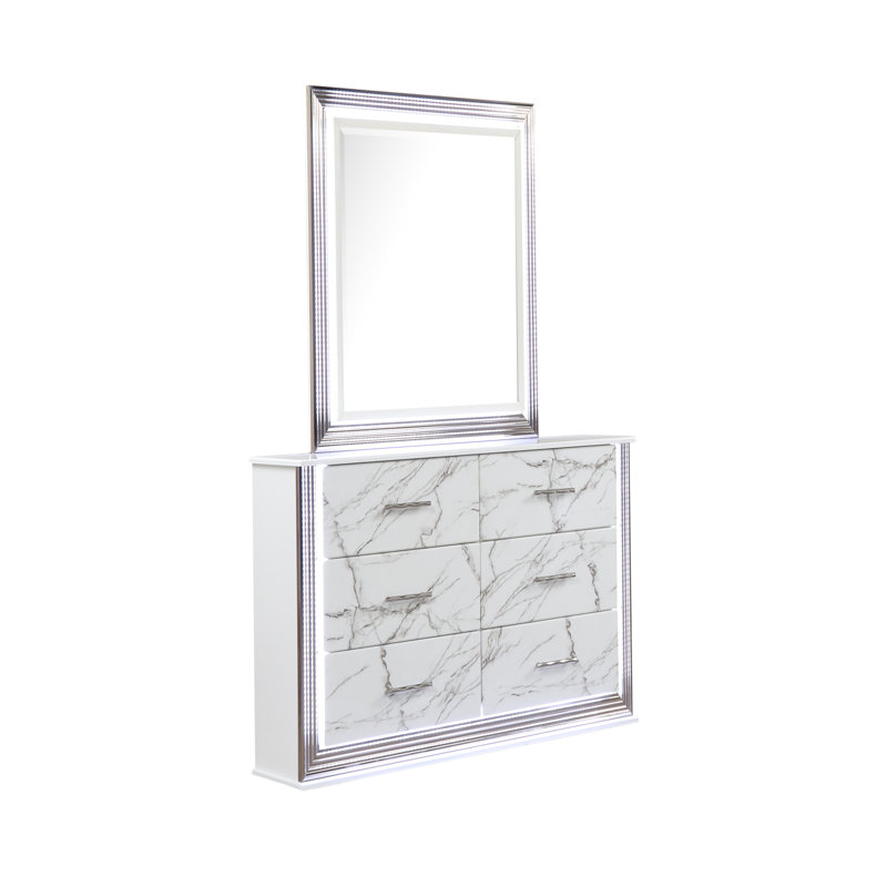 Commode à tiroirs en marbre avec finition blanche élégante, poignée métallique et six tiroirs spacieux pour un rangement élégant dans la chambre à coucher
