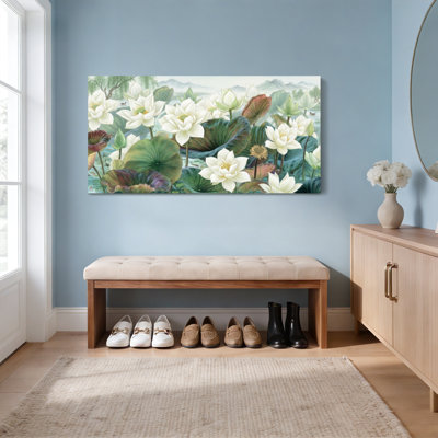 Ensemble de 1 tableau sur toile tendue représentant un paysage de fleurs et de feuilles de lotus