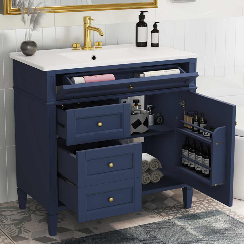 Meuble-lavabo moderne 36 po avec lavabo supérieur, armoire de rangement avec 2 tiroirs et un tiroir basculant, Bleu
