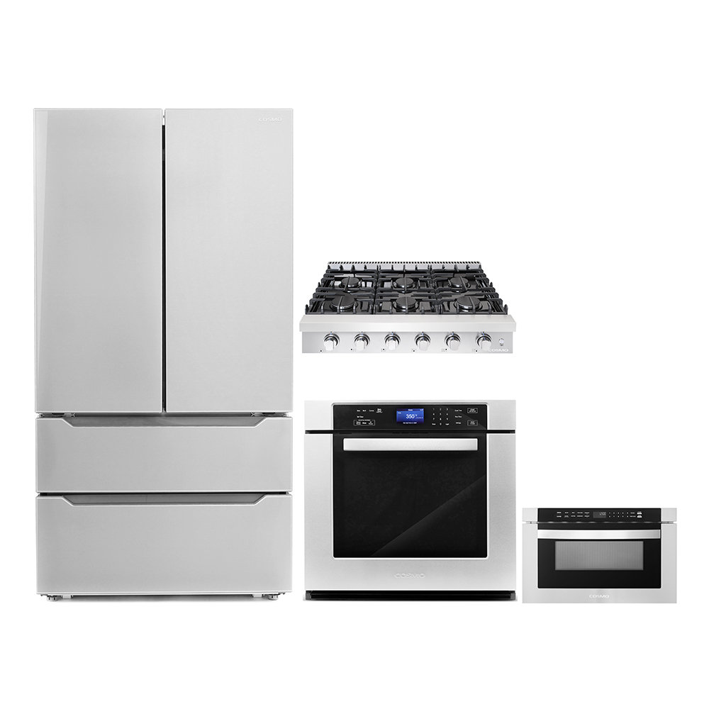Cosmo 4 Piece Kitchen Appliance Package with French Door Refrigerator , 35.88'' Gas Cooktop , Wall Oven , and Microwave Drawer Cosmo