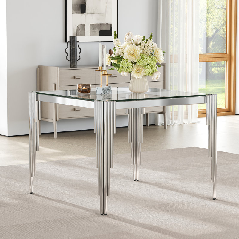 37" Square Glass Dining Table Set Of 4, Modern Tempered Glass Kitchen Table With Stainless Steel Legs For Kitchen, Living Room