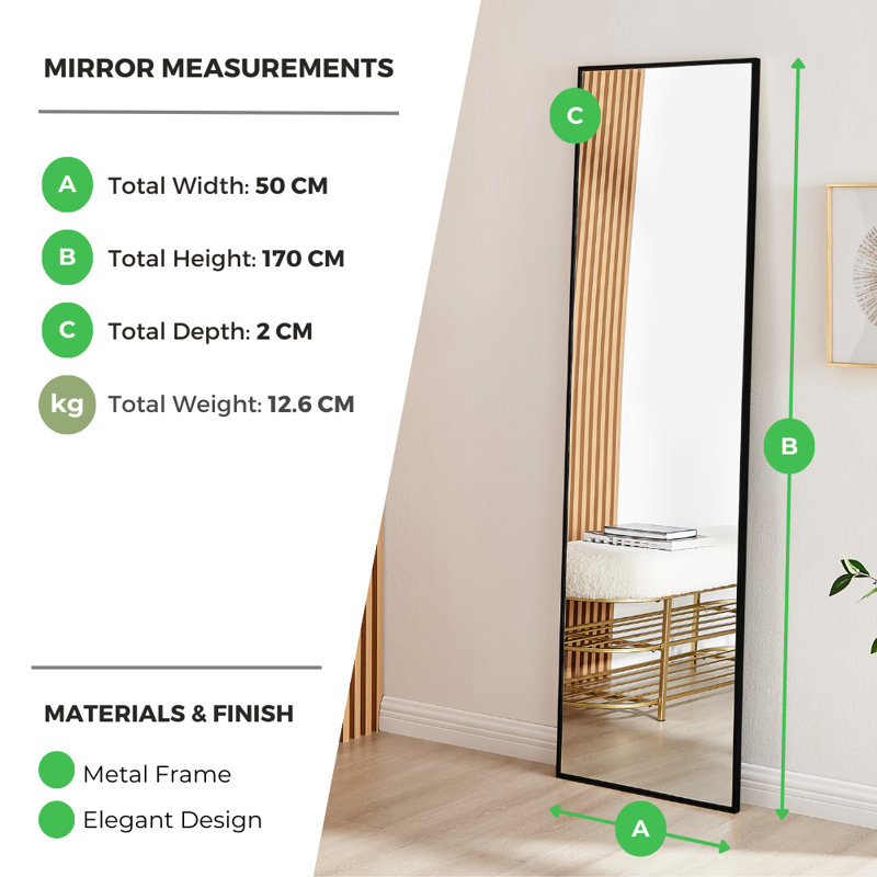 Alcantera Rectangle Metal Frame Wall Mirror Simple and Elegant Modern Design, Black, 170cm H x 50cm W