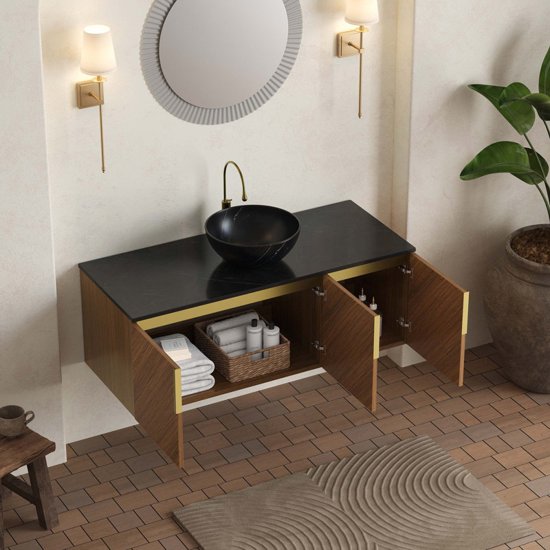 Meuble-lavabo de salle de bain 48 po ARAI, meuble de rangement flottant en contreplaqué avec 3 portes, comptoir en pierre frittée noire et cuve en céramique noire à motif de pierres, couleur grain de bois espresso
