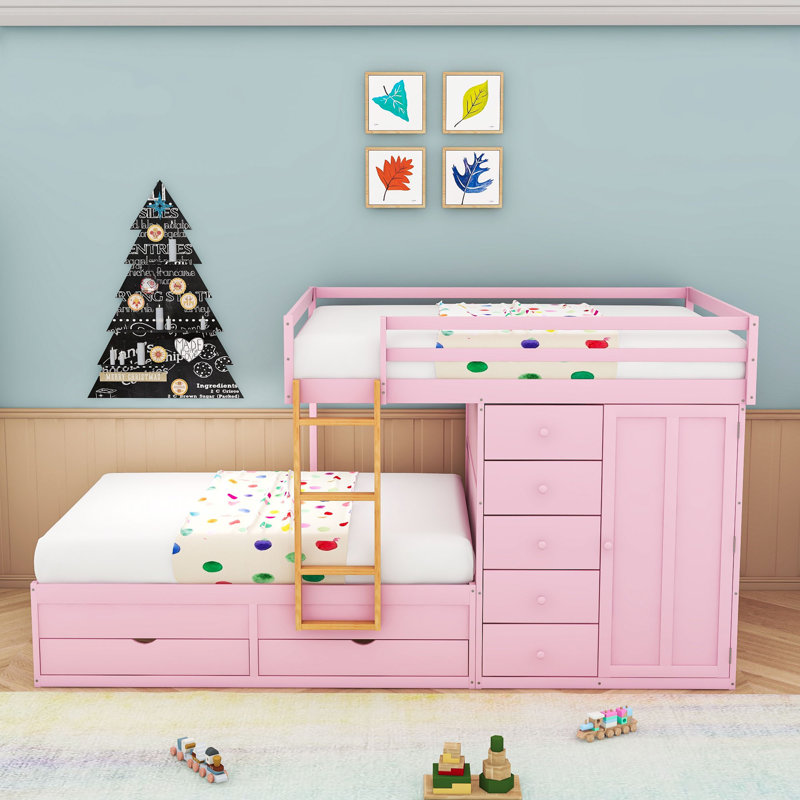 Lit superposé double avec tiroirs de rangement et garde-robe, Rose Sakura