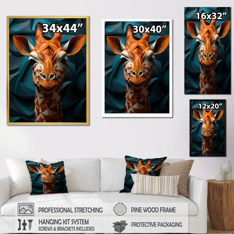 «Green Giraffe Cubist Grace I», reproduction sur toile, Cadre flottant noir, H 44 po x l 34 po x P 1,5 po