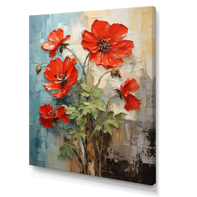 Rouge géraniums rouge écarlate Patchwork II - art mural floral et botanique salon, H 44 po x l 34 po x P 1,5 po, Toile tendue