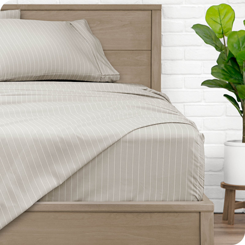 Twin Stone/White Pinstripe Microfiber Deep Pocket Sheet Set