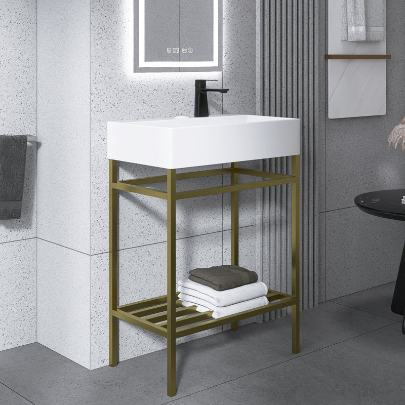 Meuble-lavabo autoportant simple l 24 po x P 14 po x H 34 po avec plateau en céramique, Blanc