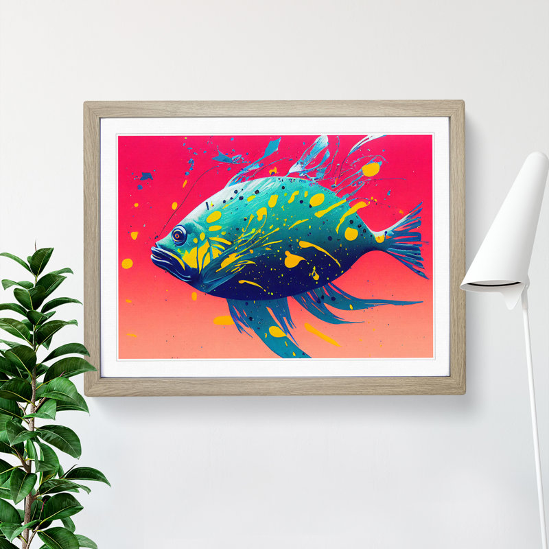 XH1022-3870X Fish Splash Vol.5 Abstract 1 Piece Single Picture Frame Painting, 46cm H x 64cm W x 2cm D, Oak