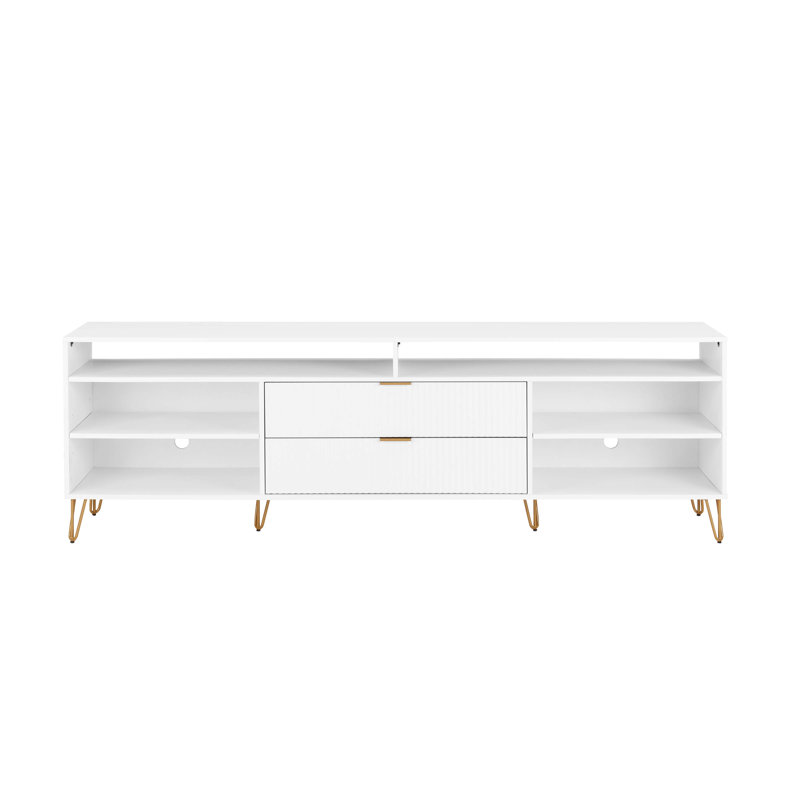DUMBO 85" Mid-Century Modern TV Stand with 6 Shelves and 2 Drawers, White