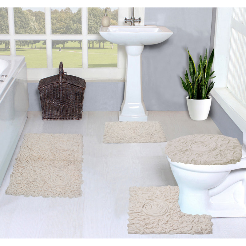 Orobosa Collection 100% Cotton Tufted Machine Washable Bath Rugs (Set of 4), Ivory