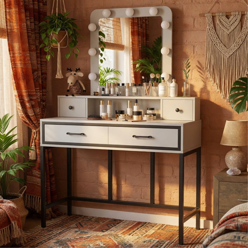 Coiffeuse 39,37 "avec miroir lumineux 3 couleurs - Table de maquillage avec 4 tiroirs, White/Black