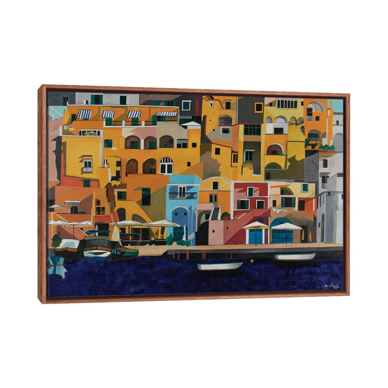 Procida et les bateaux, Italie - reproduction d'art sur toile - toile encadrée, H 26 po x l 40 po, Brun