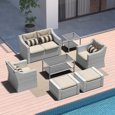 Ensemble de mobilier d'extérieur pour patio, ensemble de conversation pour patio 7/5/4/3/2 pièces, fauteuil en rotin avec repose-pieds repose-pieds, table basse et coussins pour le jardin, le patio, le balcon, la terrasse (brun / gris) - Mobilier de patio extérieur