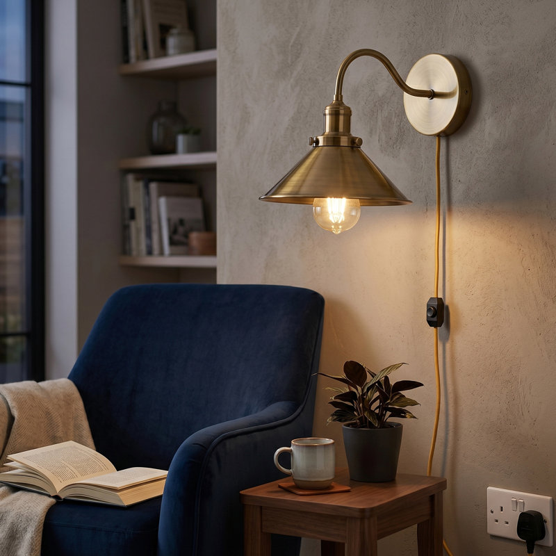 Plug-in Armed Sconce, Yellow Brass
